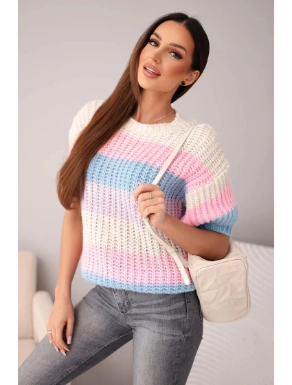 Dámský svetr s krátkým rukávem v barevných pruzích a model 21949228 vzorem béžový - K-Fashion