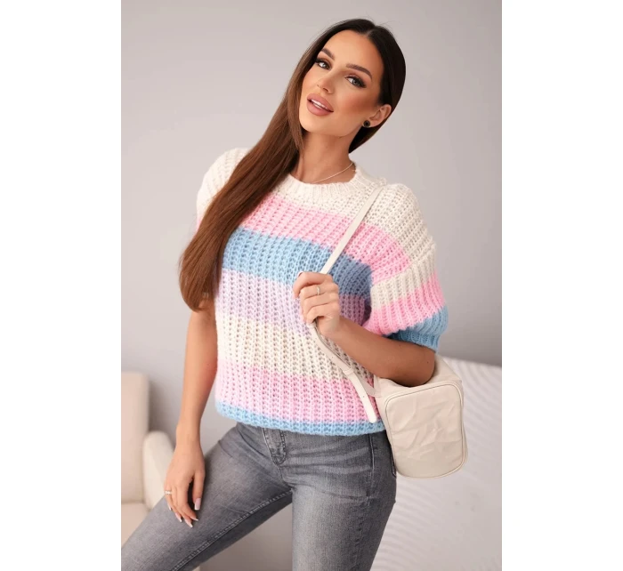 Dámský svetr s krátkým rukávem v barevných pruzích a model 21949228 vzorem béžový - K-Fashion