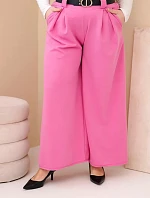Dámské kalhoty Plus Size viskózové s širokým nohavicí a páskem růžové
