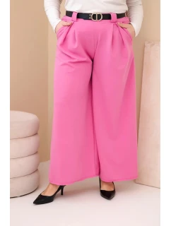 Dámské kalhoty Plus Size viskózové s širokým nohavicí a páskem růžové