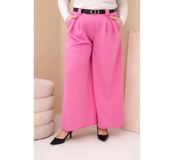 Dámské kalhoty Plus Size viskózové s širokým nohavicí a páskem růžové