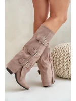 Kozačky Na Podpatku S Otočeným Svrškem A Přezkami Béžové Vamissa