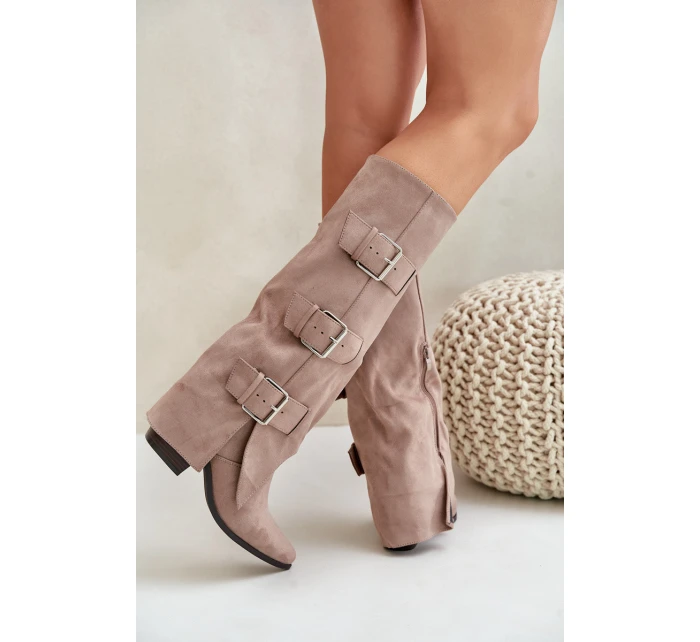Kozačky Na Podpatku S Otočeným Svrškem A Přezkami Béžové Vamissa