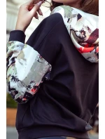 Dámská blůza/mikina s klokaní kapsou a kapucí v černé barvě s barevnými vsadkami 279-3