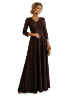 309-14 AMBER elegantní dlouhé krajkové šaty s výstřihem - čokoládové 309-14 AMBER elegantní dlouhé krajkové šaty s výstřihem - čokoládové