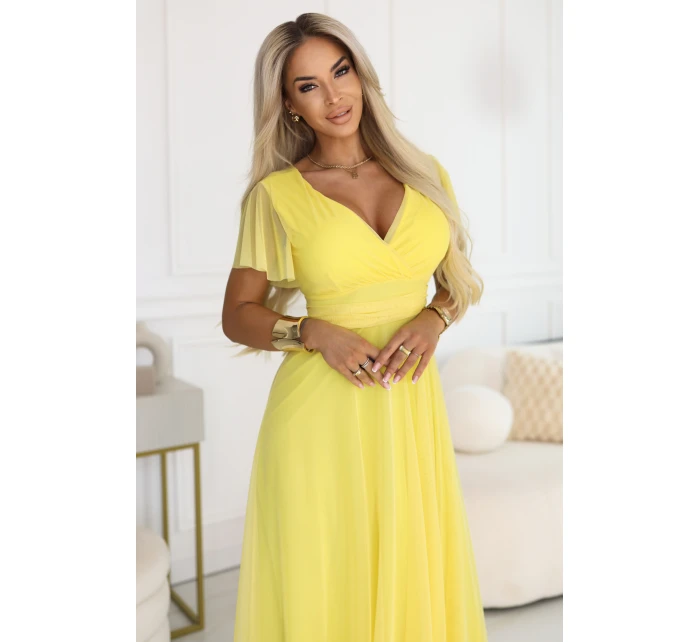 Dlouhé šaty s výstřihem, kosticemi a krátkými rukávy model 21955154 - numoco basic