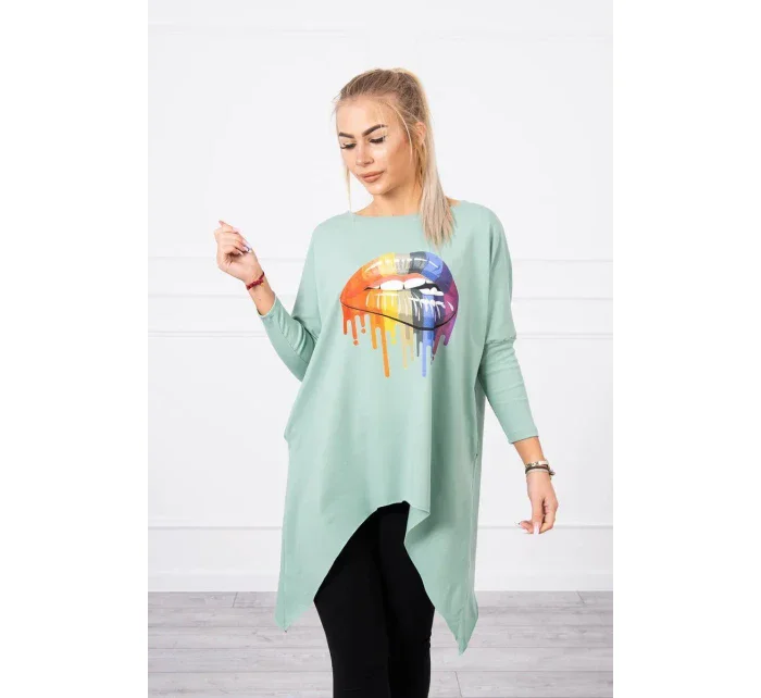 Oversize halenka s potiskem duhových rtů tmavě mátová