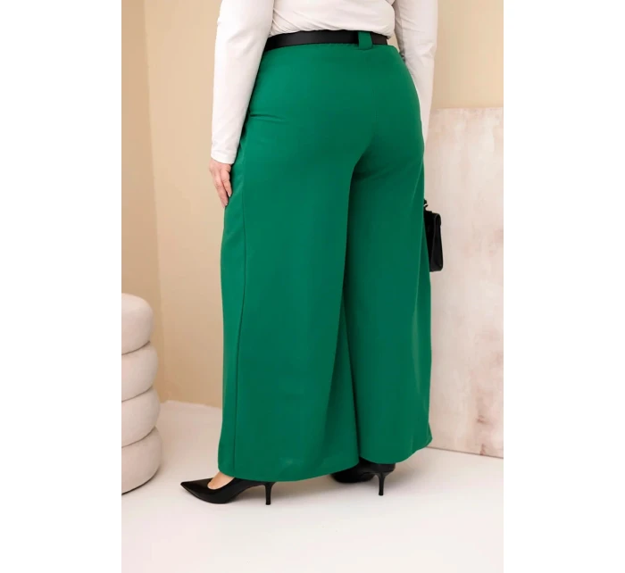 Dámské kalhoty Plus Size viskózové s širokými nohavicemi a páskem zelené