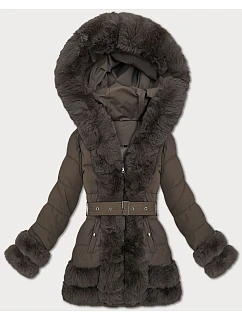 Elegantní hnědá bunda pro přechodné období s kožešinou model 21422887 - S'WEST