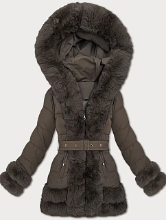 Elegantní hnědá bunda pro přechodné období s kožešinou model 21422887 - S'WEST