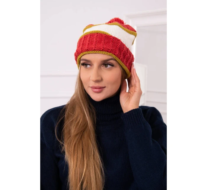 Dámská čepice Kinga K297 rudá+světlá khaki+ecru Dámská čepice Kinga K297 rudá+světlá khaki+ecru