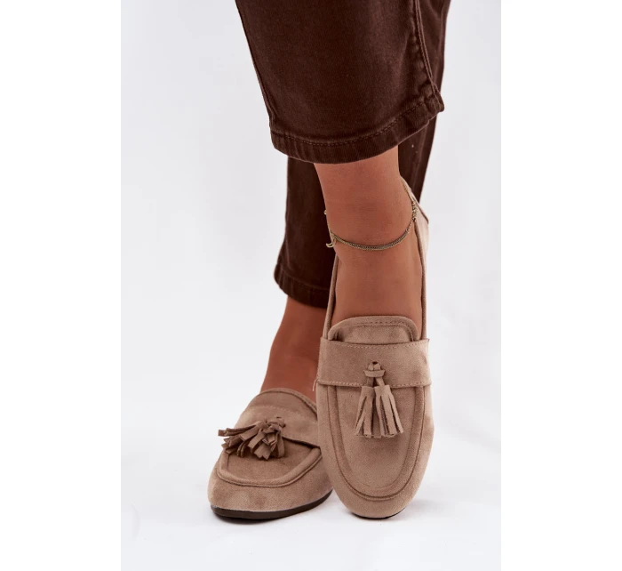 Dámské mokasíny s podrážkou a třásněmi Béžové model 21919048 - Boto