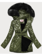 Lesklá zimní bunda v khaki barvě s mechovitým kožíškem (W756)