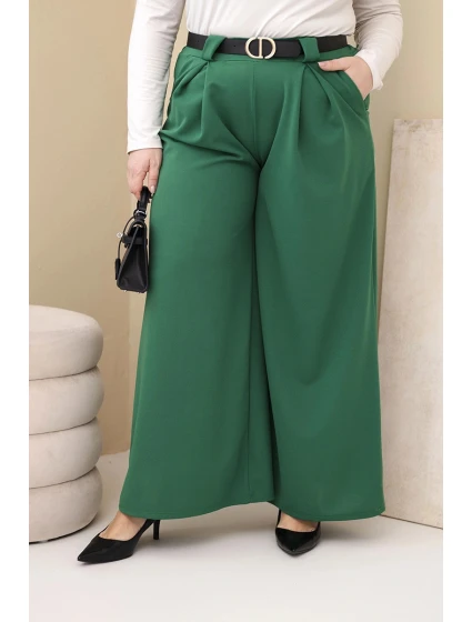 Dámské kalhoty Plus Size viskózové s širokými nohavicemi a páskem zelené