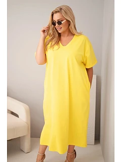 Dámské bavlněné šaty Plus Size s výstřihem do V žlutá