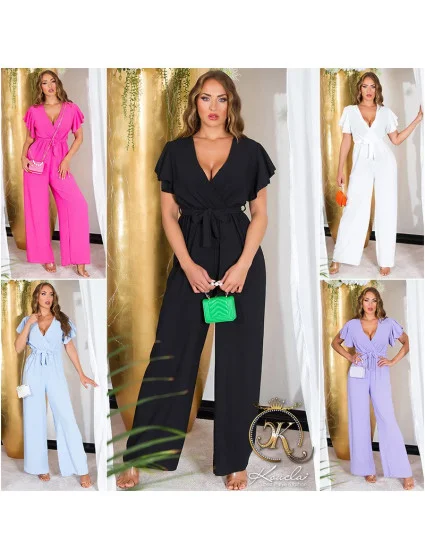 Dámský overal s širokými nohavicemi a páskem na zavázání model 20182844 Bílá - Koucla Dámský overal s širokými nohavicemi a páskem na zavázání model 20182844 Bílá - Koucla