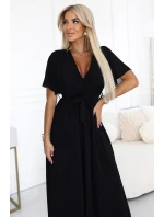 545-5 Dlouhé šaty se skládaným výstřihem a vázáním - ČERNÁ