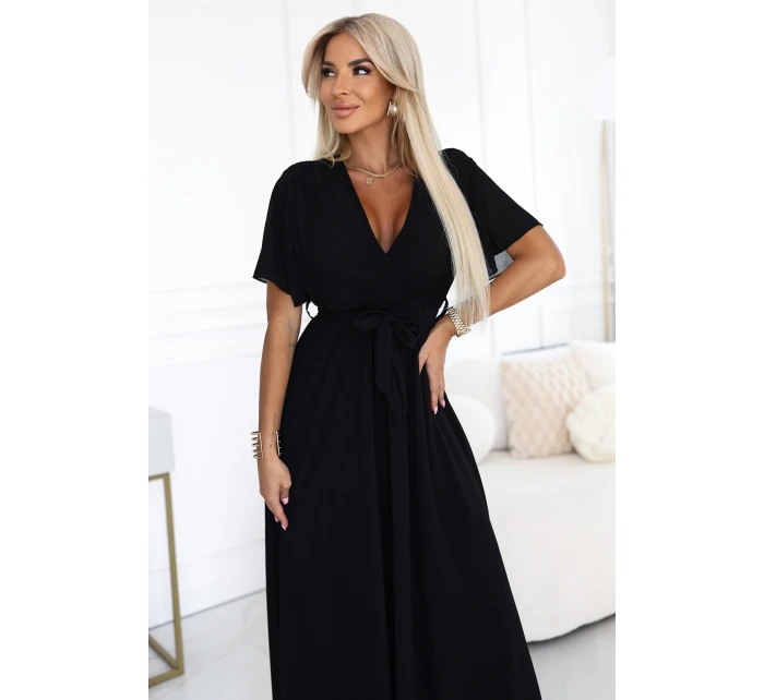 545-5 Dlouhé šaty se skládaným výstřihem a vázáním - ČERNÁ