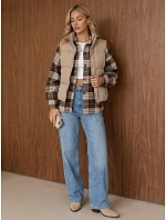 Dámská košilová bunda s kostkovaným vzorem, oversize, hnědá, FashionStreet TY6049 Dámská košilová bunda s kostkovaným vzorem, oversize, hnědá, FashionStreet TY6049