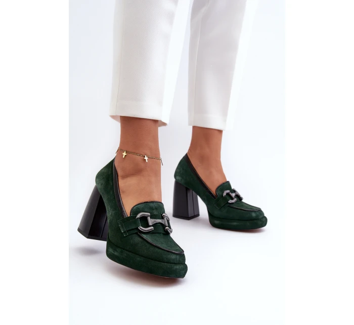 Kožené lodičky na masivním sloupku model 21657286 tmavě zelené - Laura Messi