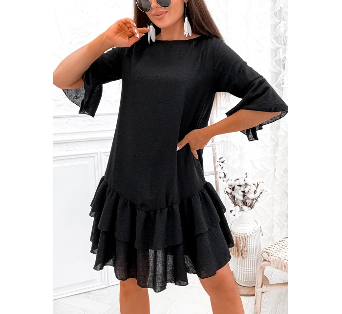 Černé dámské bavlněné šaty s volánky (8292)