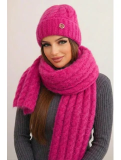 Dámská souprava čepice a šály s proužky s ozdobou fuchsie