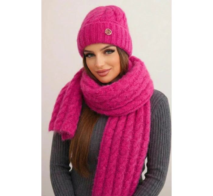 Dámská souprava čepice a šály s proužky s ozdobou fuchsie