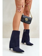 Dámské boty s pruhy na jehlách s ohrnutým svrškem a  tmavě modré model 21670406 - Boto