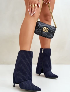 Dámské boty s pruhy na jehlách s ohrnutým svrškem a  tmavě modré model 21670406 - Boto