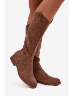 Dámské kozačky na plochém podpatku s prolamovaným vzorem S.Barski  – hnědé