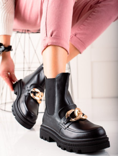 Designové dámské  kotníčkové boty černé na plochém podpatku