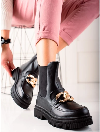 Designové dámské  kotníčkové boty černé na plochém podpatku