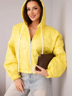 Dámská prošívaná bunda s kapucí a ozdobným květinovým ražením žlutá