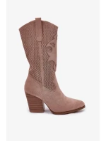 Dámské perforované kozačky ve stylu kovbojek na sloupkovém podpatku S.Barski – béžové, eko kůže Dámské perforované kozačky ve stylu kovbojek na sloupkovém podpatku S.Barski – béžové, eko kůže