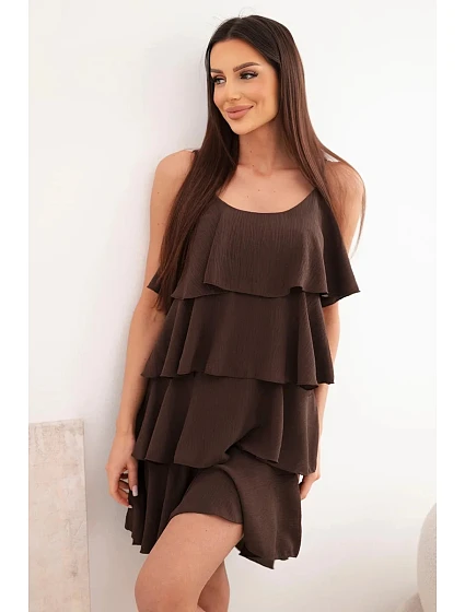 Dámské mini šaty na ramínkách s volány hnědá Dámské mini šaty na ramínkách s volány hnědá