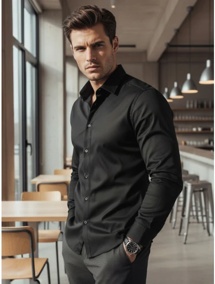 Pánská elegantní hladká černá košile SLIM FIT FashionStreet DX2599