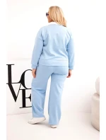 Dámský komplet máslo Plus Size s širokými nohavicemi a límečkem modrý