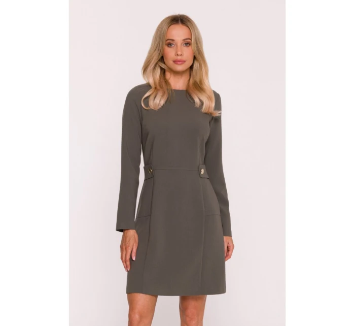 S419 Šaty s ozdobnými knoflíky v pase - khaki barva