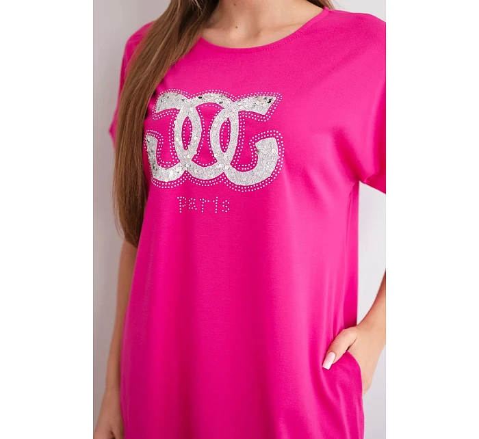 Dámské viskózové šaty s krátkým rukávem a ozdobným potiskem fuchsiová