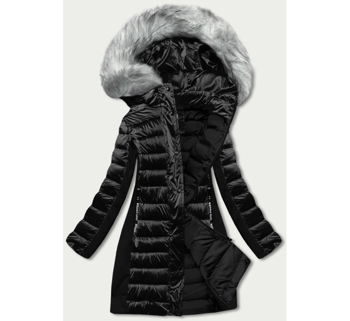 Černá dámská zimní bunda z různých spojených materiálů (DK067-1)