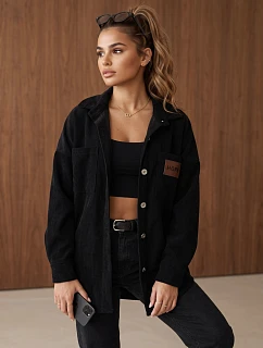 Dámská oversize košilová bunda z kordového materiálu, černá, FashionStreet TY6056