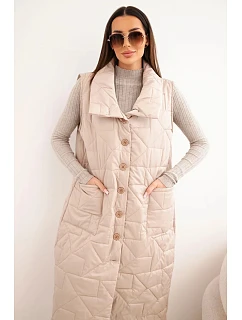 Dámská dlouhá prošívaná vesta s kapsami a stojáčkem tmavě béžová