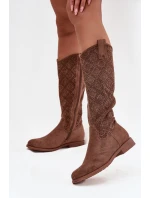 Dámské Kozačky S Vzorem Na Ploché Podpatku S  Hnědé model 21713460 - S.Barski