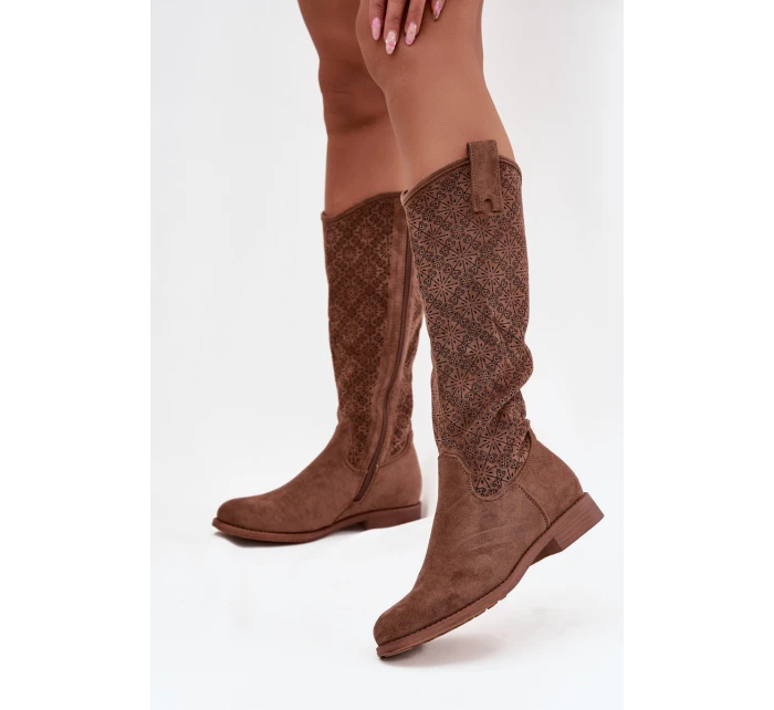 Dámské Kozačky S Vzorem Na Ploché Podpatku S  Hnědé model 21713460 - S.Barski