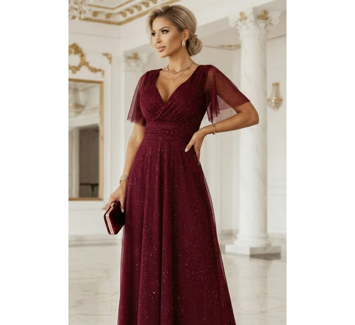 635-5 MELANIA dlouhé lesklé šaty s výstřihem a krátkými rukávy - vínové 635-5 MELANIA dlouhé lesklé šaty s výstřihem a krátkými rukávy - vínové