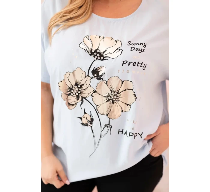 Dámská blůza Plus Size z viskózy s květinovým potiskem a nápisem modrá