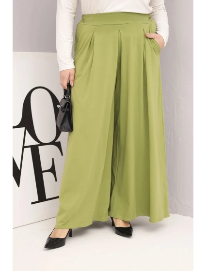 Dámské bavlněné kalhoty Plus Size s širokým střihem a volným střihem pistáciové Dámské bavlněné kalhoty Plus Size s širokým střihem a volným střihem pistáciové