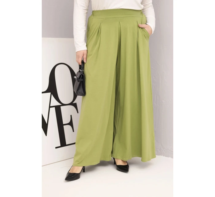 Dámské bavlněné kalhoty Plus Size s širokým střihem a volným střihem pistáciové Dámské bavlněné kalhoty Plus Size s širokým střihem a volným střihem pistáciové