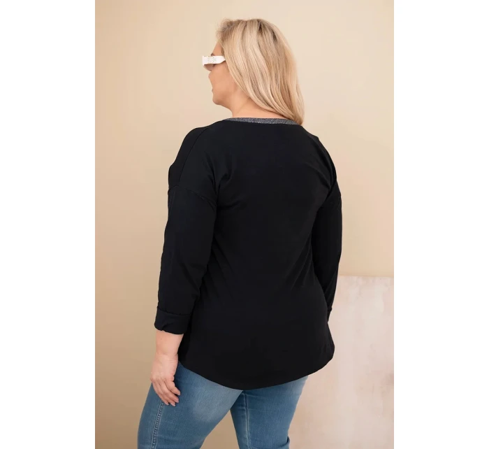 Dámská blůza Plus Size s nápisem a perlami černá