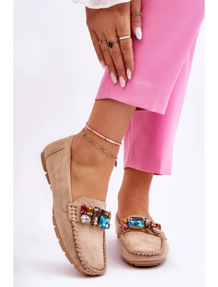 Dámské semišové mokasíny s krystaly Béžove model 21612163 - EVENTO